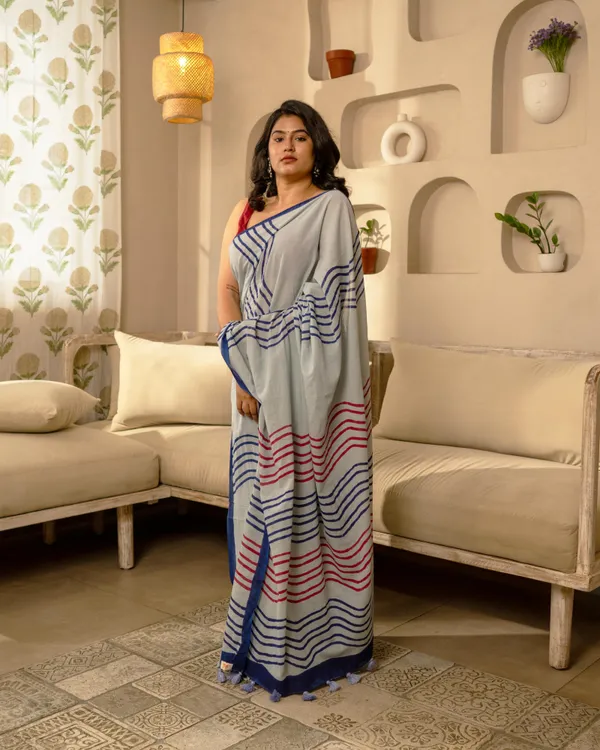 Blue_Cotton_Ocean_Wave_H_Block_Printed_Mul_Saree_With_Tassels_For_Women